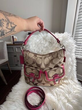 Coach Beige Signature Canvas Shoulder Bag with Pink Trim